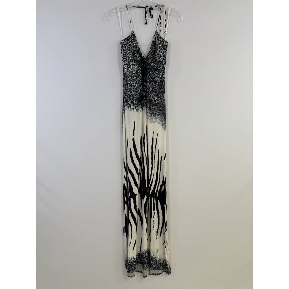 SKY Brand Y2K Vintage Halter‎ Maxi Dress Zebra Print Lace Up Size M Sexy